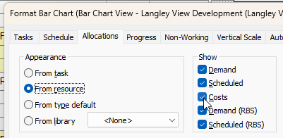 In the Show group, the Costs check box