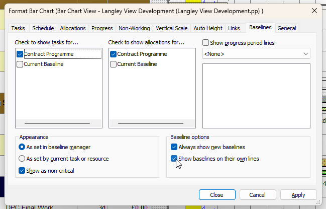 The Baselines tab of the Format Bar Chart dialog