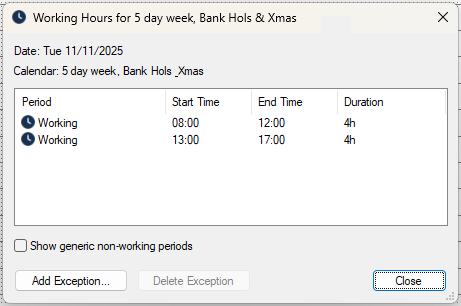 The Working Hours dialog