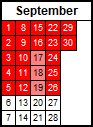 Dates with exceptions appearing in pink