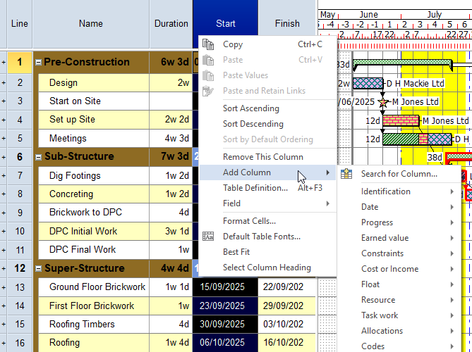 A submenu of field categories