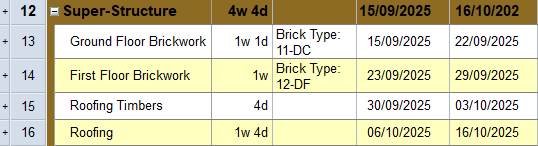 Notes entered in the spreadsheet about two tasks in the Super-Structure summary group