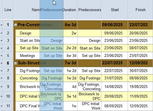 Clicking and dragging the Predecessors column