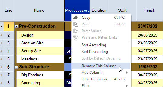 Right-clicking the heading of the column in the spreadsheet and selecting Remove This Column