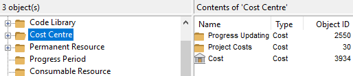 The Cost Centre folder in Library Explorer
