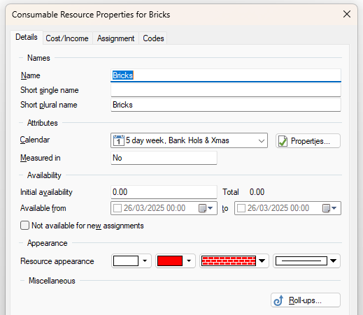 The Details tab of the Consumable Resource Properties dialog