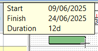 A popup box showing the start date, finish date and duration of the task
