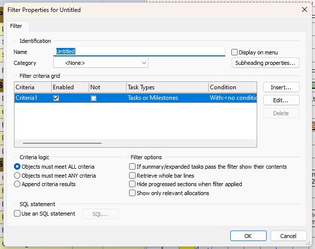 The Filter Properties dialog