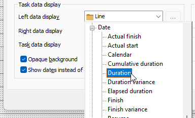 Selecting the Duration field from the Date group