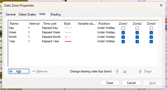 The Grids tab of the Date Zone Properties dialog