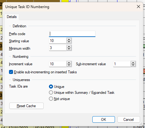 The Unique Task ID Numbering dialog