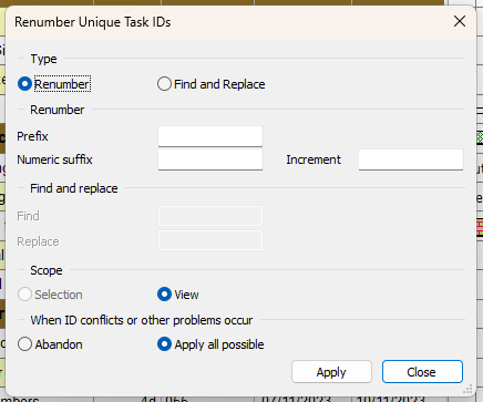 The Renumber Unique Task IDs dialog