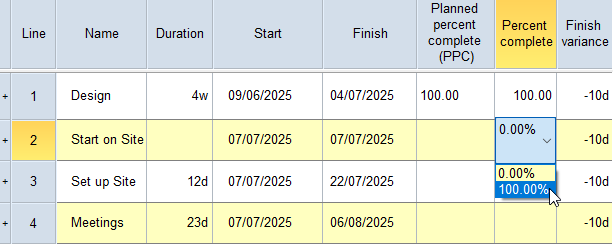 The dropdown progress selector in the Percent complete column