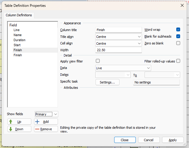 The Table Definition Properties dialog
