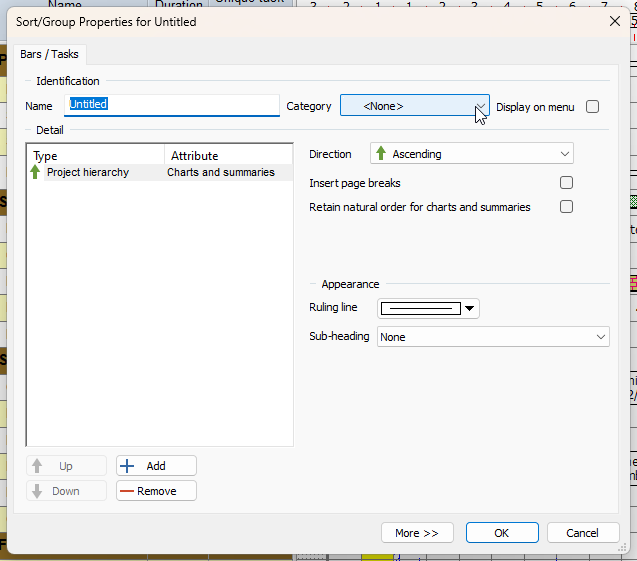 The Sort/Group Properties dialog