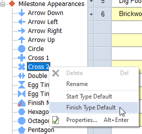 Right-clicking a milestone appearance in the project view and selecting Start Type Default or Finish Type Default