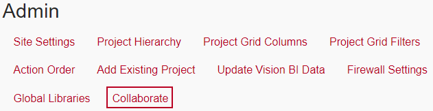 The new Collaborate' option, highlighted on the Admin page