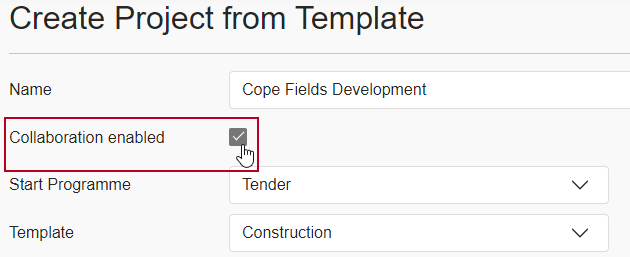 The new 'Collaboration enabled' check box, highlighted on the Create Project from Template page