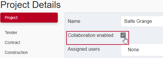 The new 'Collaboration enabled' check box, highlighted on the Project Details page