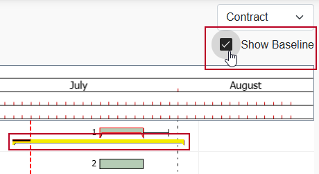 The new "Show Baseline" check box and a baseline task, both highlighted on the Project View page