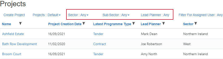 Project grid filters highlighted as they used to appear on the Projects page