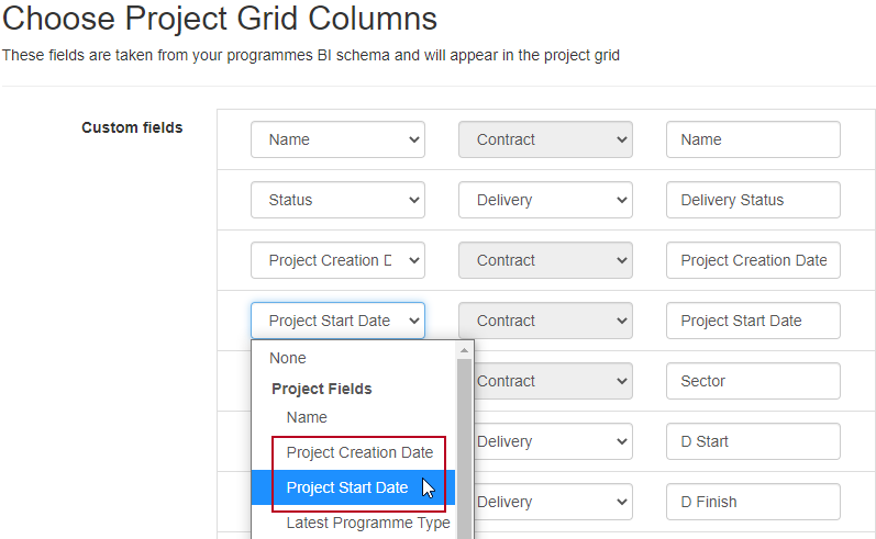 The new fields highlighted on the Choose Project Grid Columns page