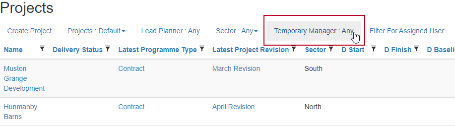 A project grid filter based on a project-level, user-type, user-defined field