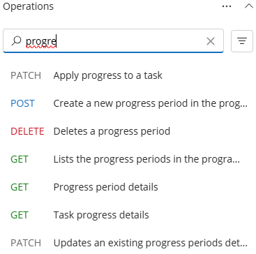 Text being entered into the Search field, and matching operations appearing beneath it