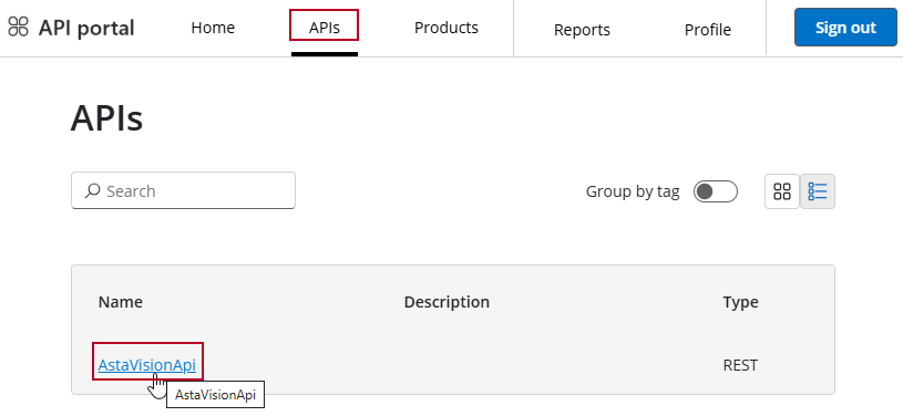 The API Portal, with 'APIs' and the Asta Vision API highlighted