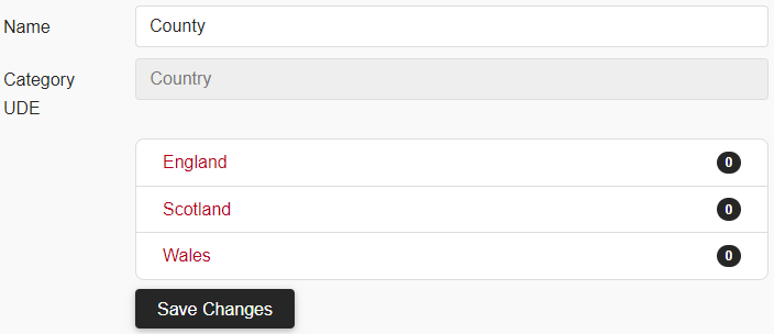 'England', 'Scotland' and 'Wales' enumeration values from the 'Country' UDE appear