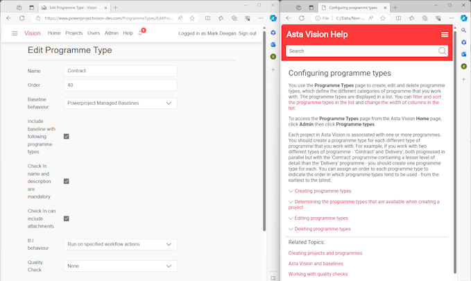 Asta Vision and its Help displayed in separate windows, side-by-side