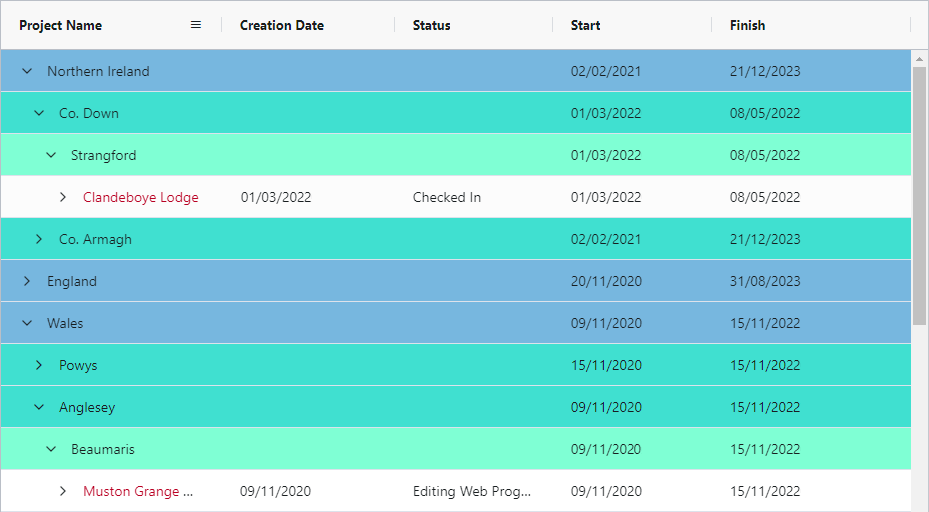 The hierarchy of a 'location' user-defined field, displayed on the Projects page