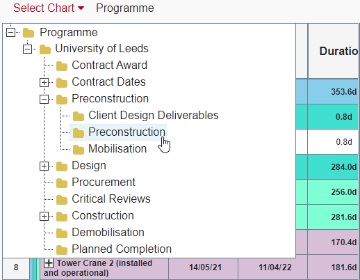 Selecting a particular chart or summary group