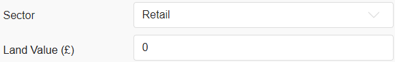 The Land Value (£) field appears on the Project page if 'Retail' is selected in the Sector field