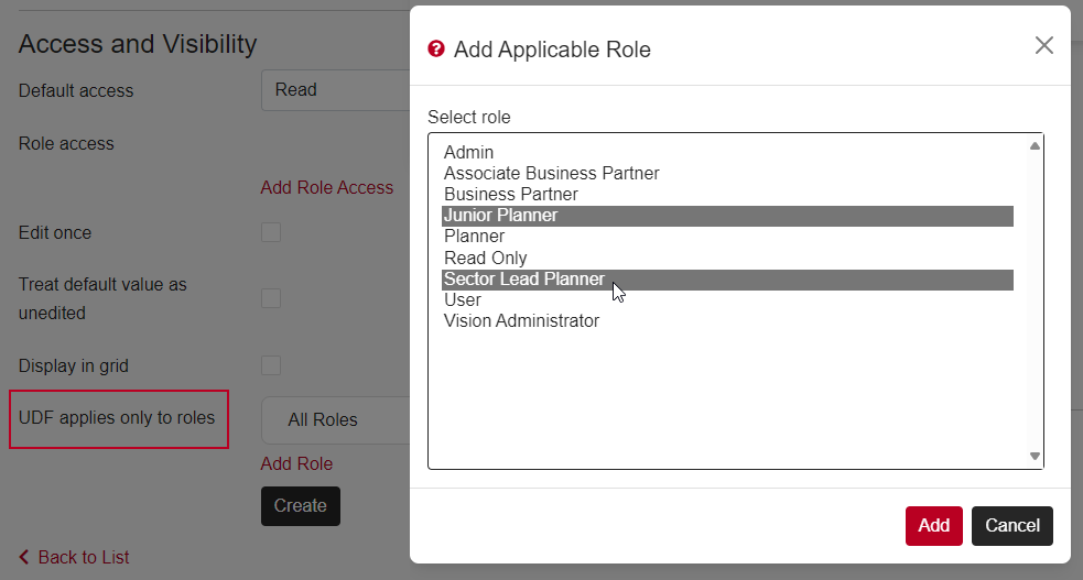 The 'Add Applicable Role' popup, and the 'UDF applies only to roles' field highlighted