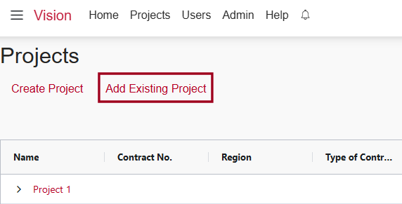 The new 'Add Existing Project' link, highlighted on the Projects page