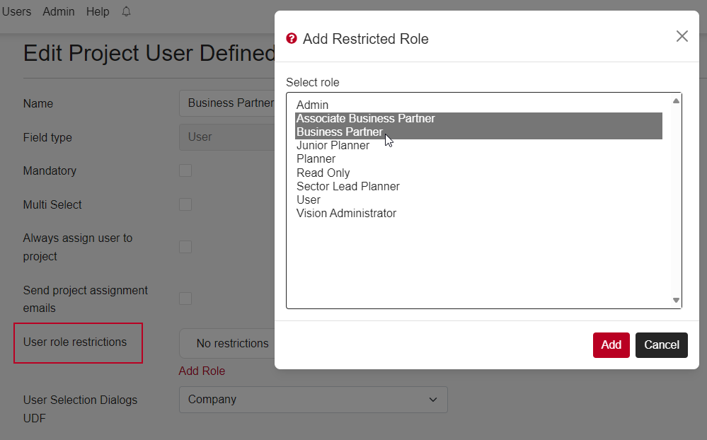 The 'Add Restricted Role' popup, and the 'User role restrictions' field highlighted