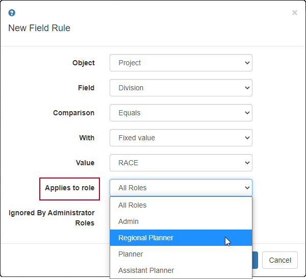The new 'Applies to role field, on the New Field Rule popup