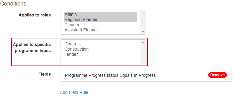 The new 'Applies to specific programme types' field