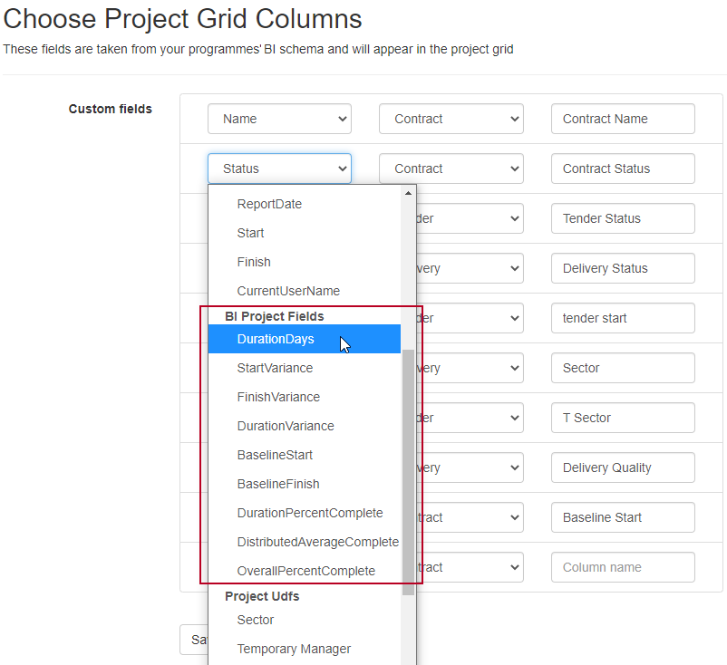 The new 'BI Project Fields', available on the Choose Project Grid Columns page