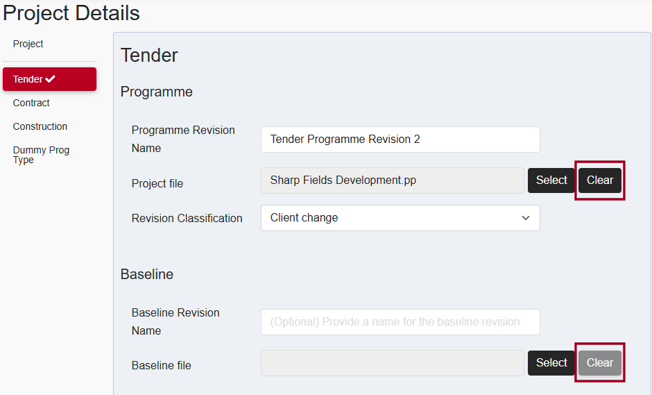 New 'Clear' buttons, highlighted on the Project Details page