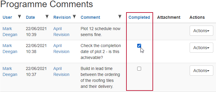 The 'Completed' column, highlighted on the Programme Comments page