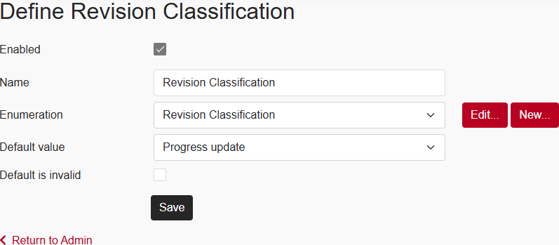 The new Define Revision Classification page