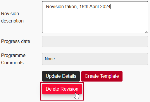 The new 'Delete' Revision button, highlighted on the Manage Revisions page