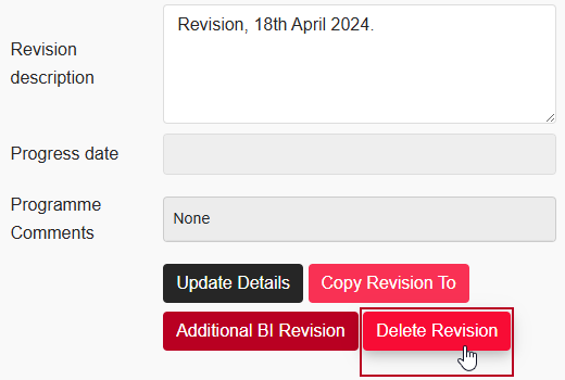 The new 'Delete Revision' button, highlighted on the Project Revisions page