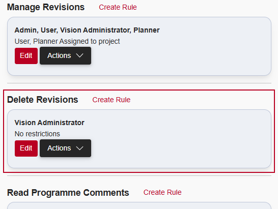 The new 'Delete Revisions' security rule, highlighted on the Security Rules page