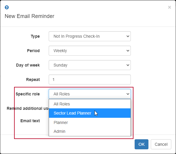 The 'Specific role' field, highlighted on the New Email Reminder popup