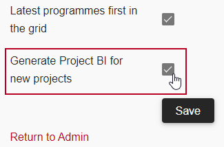 The 'Generate Project BI for new projects' check box