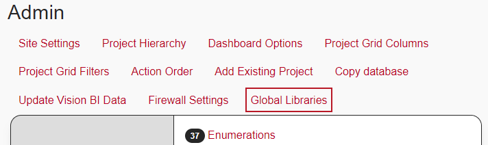 The new 'Global Libraries' option, highlighted on the Admin page