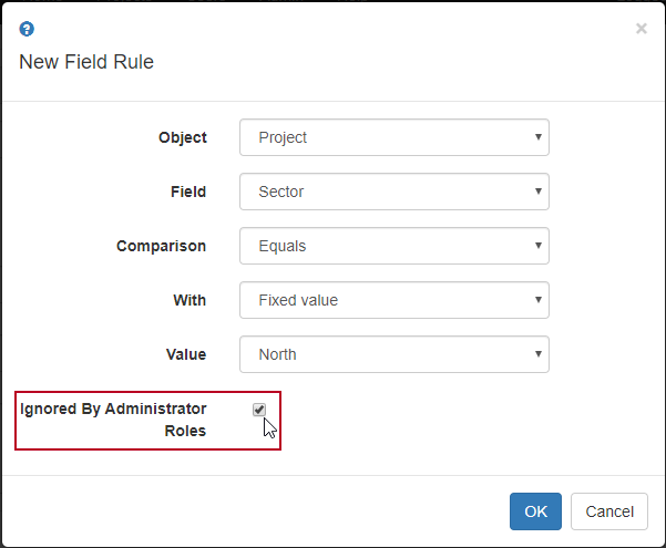 The Ignored by administrator roles check box on the New Field Rule popup
